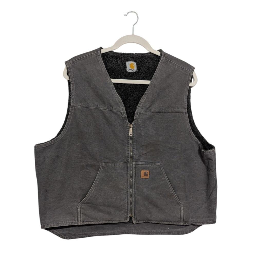 Vintage Y2K Carhartt Sandstone Rugged Vest Sherpa Lined Duck Canvas Dark Gray 3X